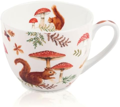 Autumn Squirrel Mug – 20oz Bone China Coffee Mug, Cozy Fall Mushroom Forest Design, Gift for Nature Lovers and Friends, Designed in England by Harvest Green Studio