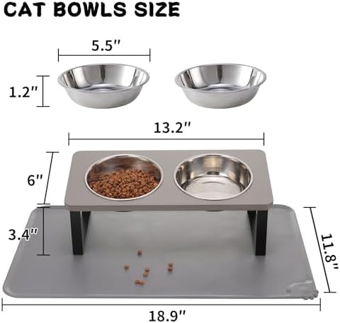 Summark Upgraded Elevated Cat Bowls with Food Mat,15°Tilted Stand Anti Vomiting Raised Cat Dishes for Food and Water,2 Stainless Steel Bowls for Cats and Puppy（Gray）