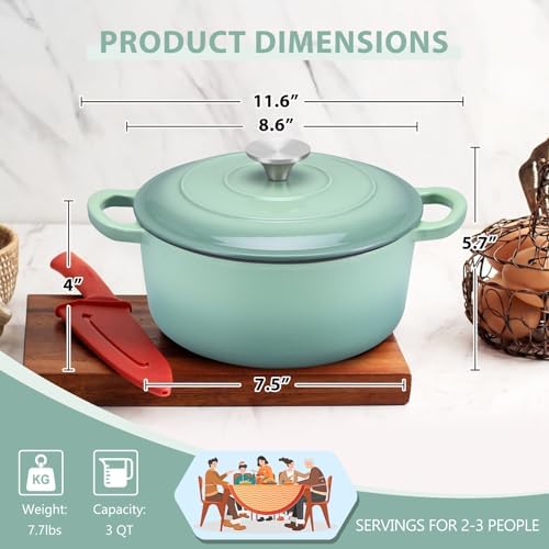 E-far 3 Qt Enameled Cast Iron Dutch Oven with Lid, Small Round Nonstick Dutch Oven Pot for Bread Baking Braising Stews Roasting Cooking, Heavy Duty, Induction & Oven Safe - Sage Green