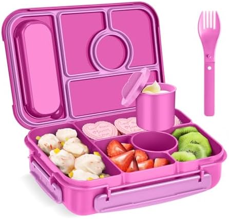 Amathley Bento Box Adult Lunch Box Kids,Lunch Containers for Adults/Kids/Toddler,5 Compartments Bento Lunch Box with Sauce Vontainers,Microwave & Dishwasher & Freezer Safe,BPA-Free (Red lily)
