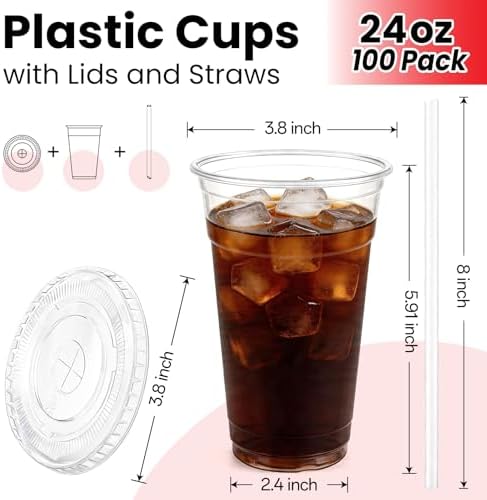 100 Pack 24 oz Plastic Cups with Lids and Straws, Clear Disposable Plastic Cups, Heavy Duty Iced Coffee Cups with Leak-Resistant Lids, Cold Drink Cups for Smoothies, Juice, Soda & Party To Go