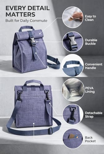 ZM-YOUTOO Insulated Foldable Lunch Bag- Lightweight Portable with Adjustable Shoulder Strap Lunch Box for Men, Women, Office, Work, Picnic, Hiking and Beach (Denim Blue(Hard Fabric))
