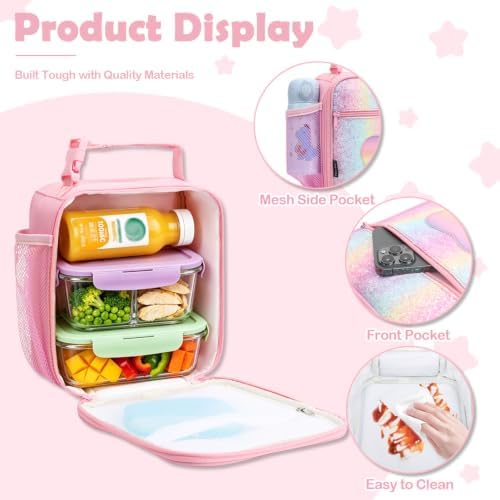 FlowFly Kids Lunch box Insulated Soft Bag Mini Cooler Back to School Thermal Meal Tote Kit for Girls, Boys, Glitter-RainBow