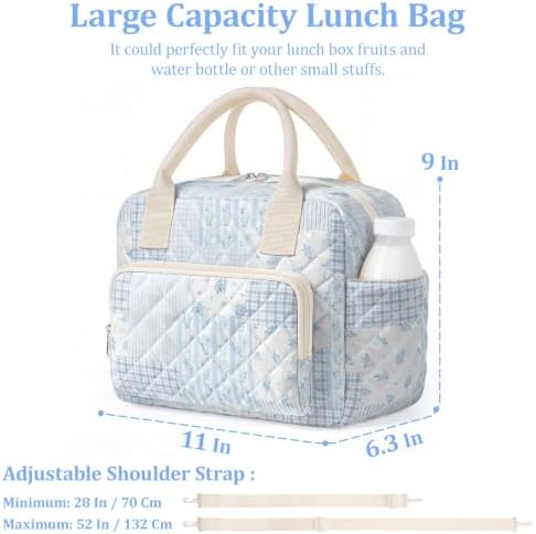 WOBAGMEN Quilted Lunch Box for Women,Large Floral Insulated Lunch Bag with Multiple Pockets,Adjustable Strap,Reusable Lunch Tote Box for Work Picnic Travel (Blue Floral Patchwork, M)