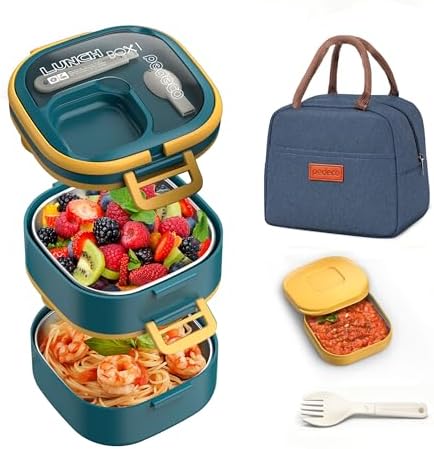 PEDECO Stackable Stainless Steel Bento Box with Insulated bag,Leak-Proof,2-Tier Bento box,Lunchbox container With Portable Sauce Pod and Cutlery-for Kids/Adult,Dishwasher/MicrowaveSafe,Blue