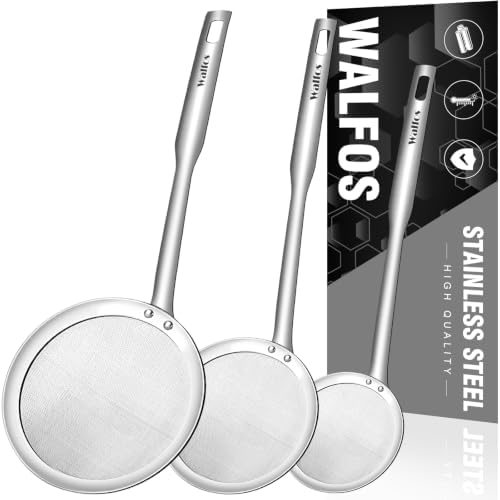 Walfos Fat Skimmer Spoon, Stainless Steel Fat skimmer For Cooking, 3", 4" & 5 inch fine mesh skimmer, Food Strainer Fit For Separation Of The Floating Foam, Fat, Grease, Set of 3