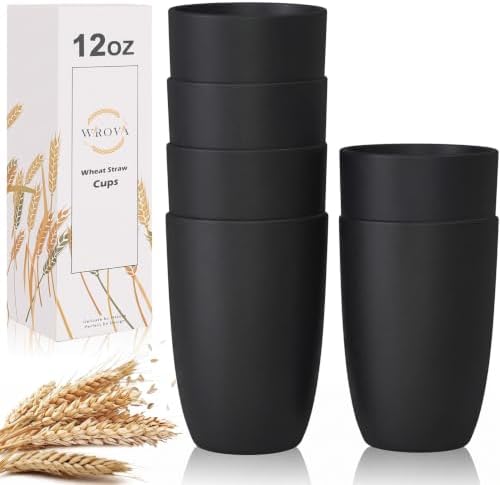 Wrova Wheat Straw Cups 6 PCS Good Alternative to Plastic Reusable Cups 12 oz Unbreakable Drinking Cup Reusable Dishwasher Safe Water Plastic Glasses Black
