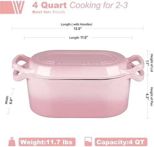 VORRINGARD Oval Dutch Oven Pot with Lid, Enamel Coating Cast Iron Bread Pans for Homemade Sourdough Bread Baking, Cooking, 4 Quart, Pink