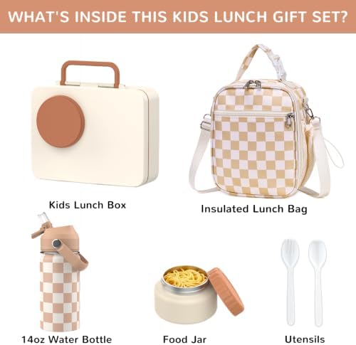 Kids Bento Lunch Box with Food Jar, Water Bottle, Lunch Bag, Plaid