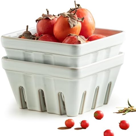 Gomakren Fruit Basket, Ceramic Berry Washing Bowl Set of 2, 5.7 Inch, White