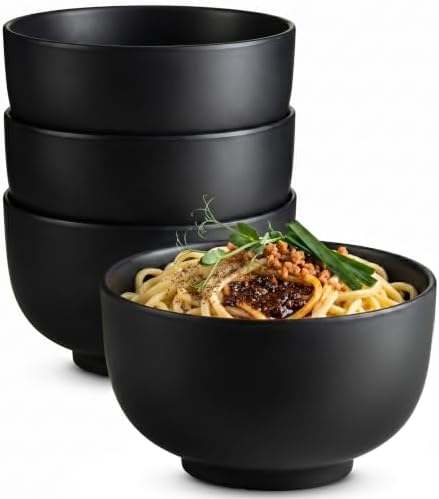 KooK Ceramic Japanese Noodle Bowl Set, Large Capacity, For Ramen, Udon, Soba, Pho and Soup, Microwave and Dishwasher Safe, 34 oz, Matte Black, Set of 4