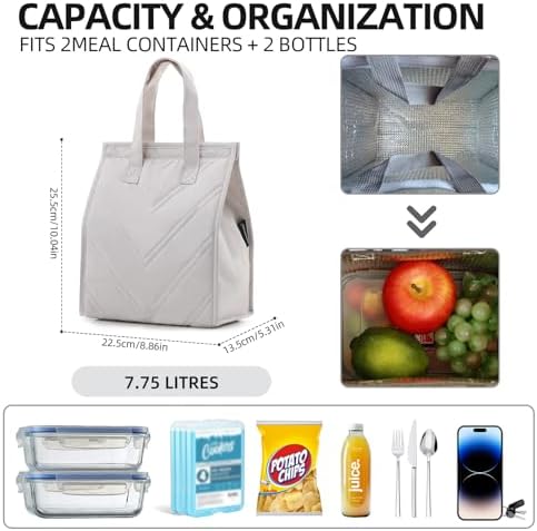 TELLUMO Quilted Beige Lunch Bag for Women, Cute Insulated Small Lunch Box, Reusable Leakproof Tote for Work Office