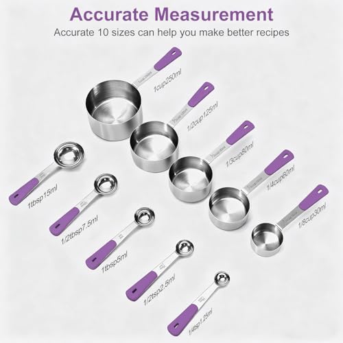 Bopei 10-Pcs Stainless Steel Measuring Cups & Spoons Set, Purple Handles