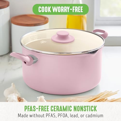 GreenLife 6QT Ceramic Nonstick Stockpot with Glass Straining Lid, Pink