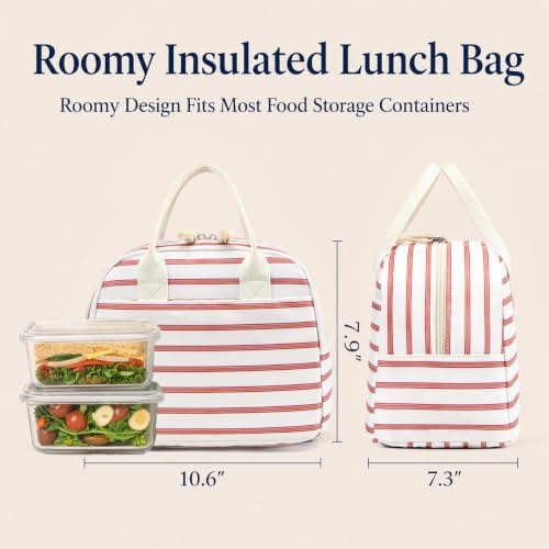LOVELYWIND Lunch Box for Women, Insulated Lunch Bag, Pink Stripe Tote