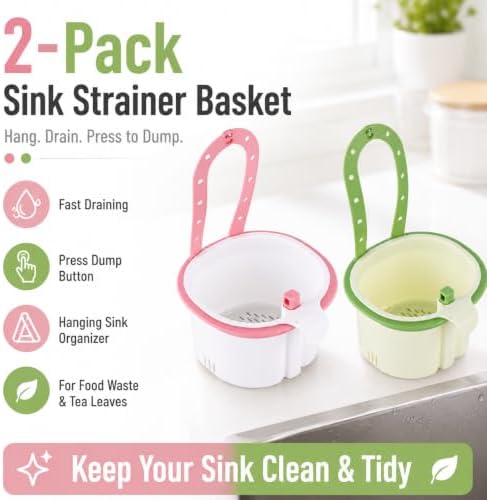 2 Pack Cactus Kitchen Sink Strainer Basket, Hanging Sink Drain Basket with Press Dump Button, Fast Draining Kitchen Sink Organizer for Food Waste, Tea Leaves, Vegetable Scraps