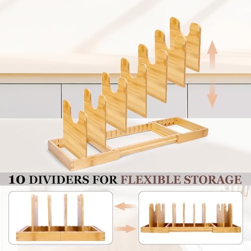 Bamboo Expandable Pot Lid Organizer, Pots and Pans Holder Rack for Cabinet