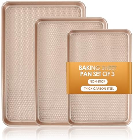 Baking Sheet Pan Set of 3, Nonstick Carbon Steel Cookie Sheets with Texture