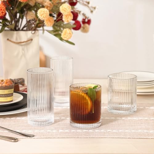 Moretoes Ribbed Glass Cups Set of 12 Drinking Glasses