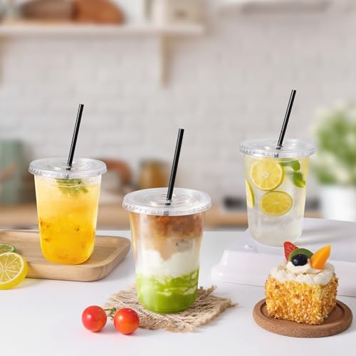 tchrules 50 Set 16oz Clear Round Bottom Plastic Cups with Lids and Straws