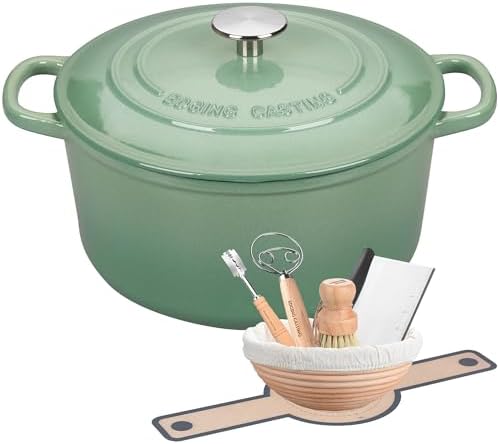 EDGING CASTING Enameled Cast Iron Dutch Oven with Sourdough Bread Baking Kit, Bread Dutch Oven with Lid, Includes Proofing Basket & Baking Tools, 5qt, Sage Green