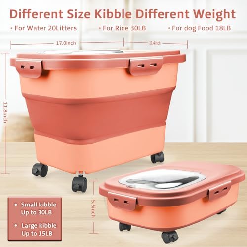 Komzon Rice Storage Containers, Collapsible 20 to 30Lbs Food Storage Bin Dispenser with Rolling Wheel and Clear Airtight Lid, BPA Free Flour, Sugar, Cereal and Dog Cat Pet food Containers