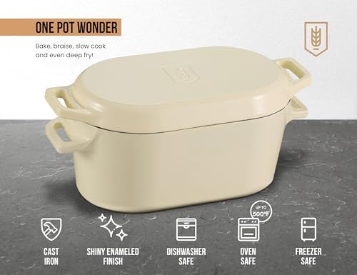 Kook Oval Dutch Oven, for Bread Baking, Sourdough Loaf Pan, Dual Handles, Enameled Cast Iron, with Sling, Dishwasher Safe, 3.4 Qt, Ivory