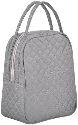 Machine Washable Women Quilted Fabric Insulated Reusable Cooler Lunch Bag Tote Adult Thermal Lunch Box Storage Bag for Ｗork (Grey)