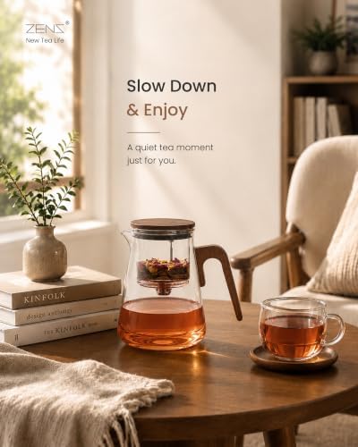ZENS Magnetic Glass Infuser Teapot for Loose Tea, 27oz Walnut Wood Handle