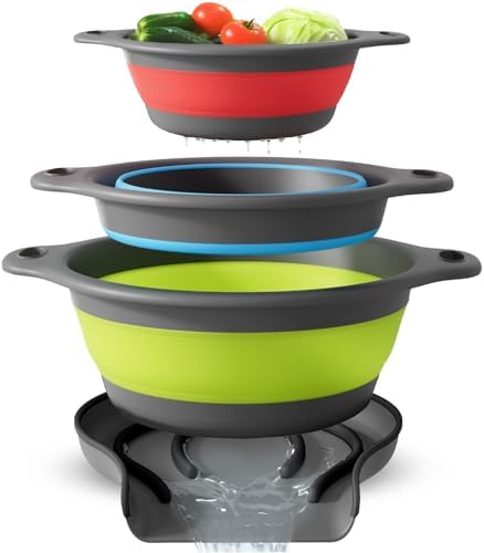 Gevoli Collapsible Colanders with Self-Draining Base for Edge of Sink, Food Strainers (Small/Med/Large), Nested Design for Easy Storage (Red, Blue, Green) (4PC Set)