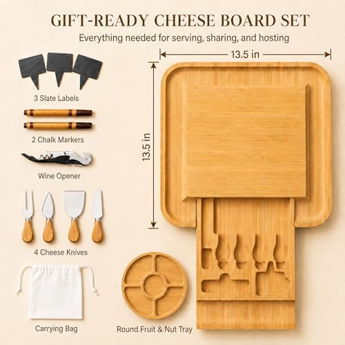 Charcuterie Board Cheese Board Set with Accessories - Bamboo Wooden Serving Tray, Platter - House Warming Gifts New Home, Wedding, Bridal Shower, Anniversary, Housewarming, Birthday Gifts for Women