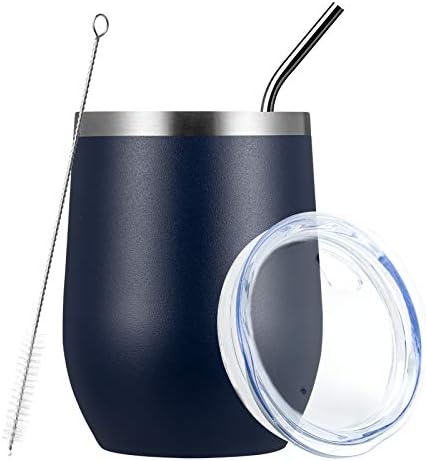 MEWAY Stemless 12oz Wine Tumbler Glasses with Lid -Insulated Double Wall Vacuum Stainless Steel Travel Tumbler with Straw,for Woman Under 10 dollars (Navy,1)