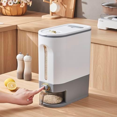 Sooyee 22 Lbs Rice Dispenser with Measuring Cup, White and Grey