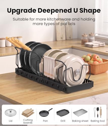 Pots and Pans Organizer Under Cabinet, 10 Dividers Pull Out Lid Organizer