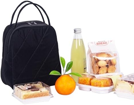 Machine Washable Women Quilted Fabric Insulated Reusable Cooler Lunch Bag Tote Adult Thermal Lunch Box Storage Bag for Ｗork (Black #3)