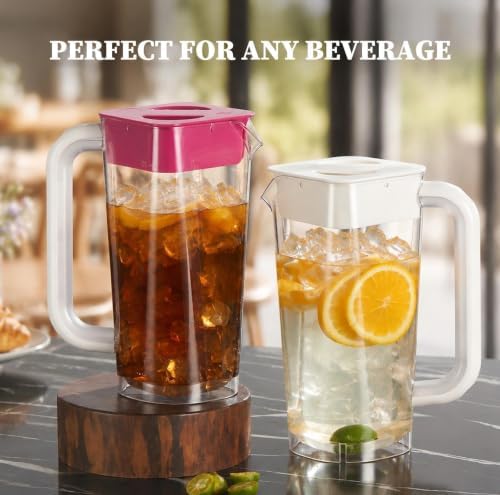 CURTA Plastic Pitcher with Lid, 2L Heavy-Duty Shatterproof Clear Water Pitcher with Handle for Lemonade, Coffee, Milk, Juice,cafeteria, 2 Pack