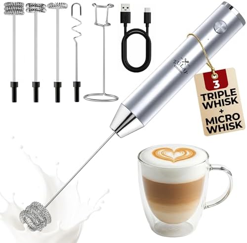 Zulay Kitchen Rechargeable Milk Frother Handheld - Frother Wand, Drink Mixer, Electric Whisk Frother, for Cappuccinos, Matcha & Protein Powder - Lux 4 Whisk 2 Speed Waterproof 2000mAh Silver