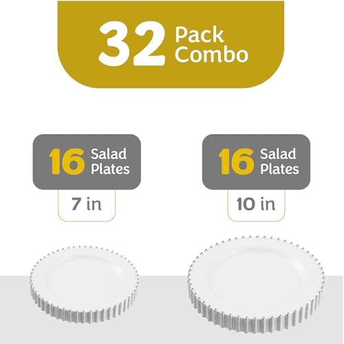 PLASTICPRO 32 Piece Combo Plastic Dinner Plates Disposable Plastic Fancy Heavy Duty Party Dishes 7 inch and 10 inch, White and Silver Beaded