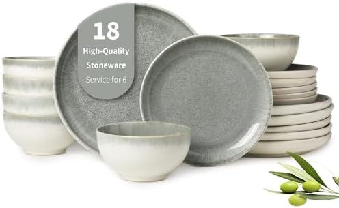 Pokini Stoneware Dinnerware Sets for 6, 18pcs Plates and Bowls Sets Dishes