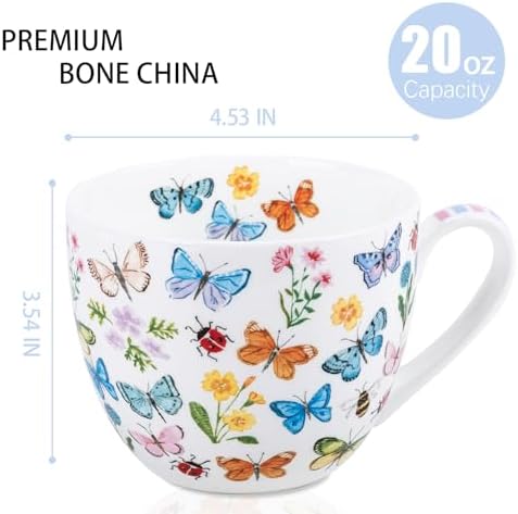 Colorful Butterfly Mug - 20oz Bone China Coffee Tea Hug Mug with Multicolor Butterflies, Ladybugs, Bees & Blooms, Perfect Gifts for Mom Women Mothers Day, Designed in England by Harvest Green Studio