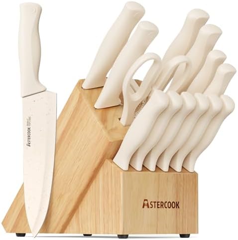 Astercook Knife Set, 15 Pieces Kitchen Knife Set with Sharpener Block, German Stainless Steel Knives with Anti-Rust Coating, Dishwasher Safe, Elegant Cream White Design, Perfect for Holiday Gifts