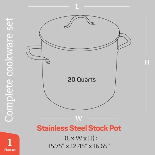 Stainless Steel Stockpot with Tempered Glass Lid 20 Quart, Durable 18/0 Stainless Steel, Impact-Bonded Base for Even Heating, Riveted Handles, Oven & All Stove Compatible, Safe Up To 500°F (260°C)
