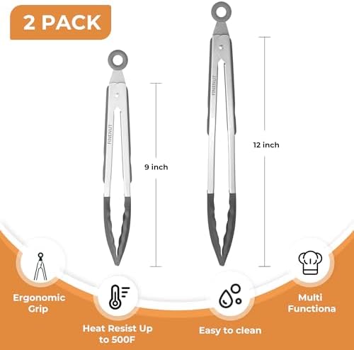 Stainless Steel&Silicone Food Tongs Set of 2 (9+12 Inch)-BPA-Free&Non-Toxic Heat Resistant Non-Scratch BBQ&Cooking Tools,Strong Grip Locking for Grilling,Air Fryer,Salad,Dishwasher Safe