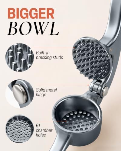 Zulay Kitchen Large Premium Garlic Press Set - Bigger Bowl for Bigger Garlic - Rust Proof Garlic Mincer Tool - Easy-Squeeze, Easy-Clean Silicone Garlic Peeler & Brush (Slate)