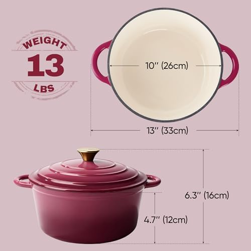 Vintage Style 6 Quart Dutch Oven Pot with Lid, Non Stick Enameled Cast Iron Dutch Oven for Bread Baking, Heavy-Duty, Oven Safe Ceramic Cookware Up to 500°F for Baking, Braising, Stews, Roasting, Rose