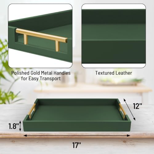 ATZYmolin 17"x12" Leather Serving Tray, Gold Handle Vanity Platter, Green