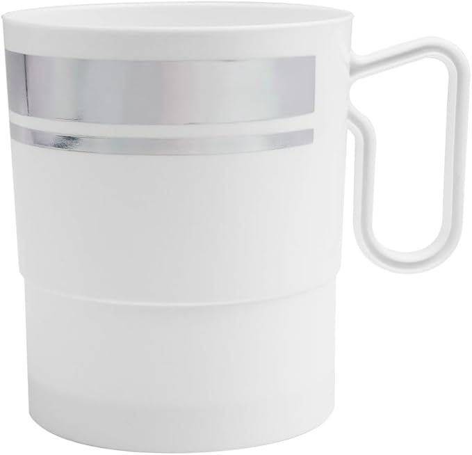 Party Essentials 8-Ounce Hard Plastic Coffee Cup/Tea Mug with Handle, 20-Count, White W/Silver Rim