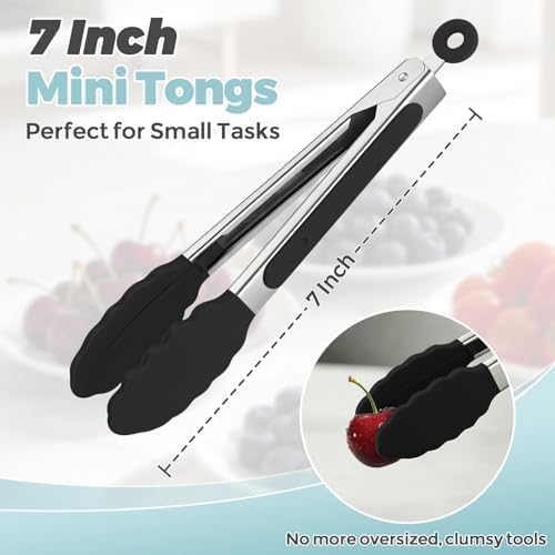 Small Cooking Tongs 7 inch Mini Serving Tongs with Silicone Tips