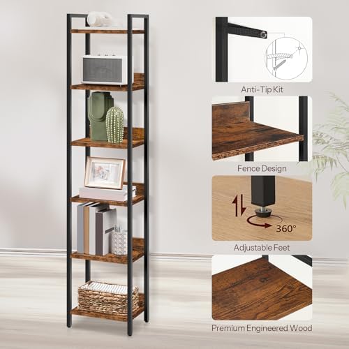 MAHANCRIS Bookshelf, 6-Tier Bookcase, Standing Book Shelf for Small Space, Storage Shelf Organizer, for Living Room, Bedroom, Study, Balcony, Rustic Brown and Black BKHR6601