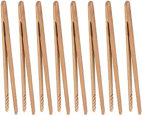 Bamboo Toast Tongs, 7 Inches Mini Wood Cooking Tong with Anti-slip Design Great for Serving Food/Toaster/Bread & Pickles/Sugar/Barbecue,Small Kitchen Tongs Multi-use for Salad, Grilling, Frying (8)